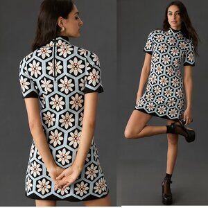 Anthropologie The Nina Short-Sleeve Mock-Neck Mod Mini Dress XL blue new